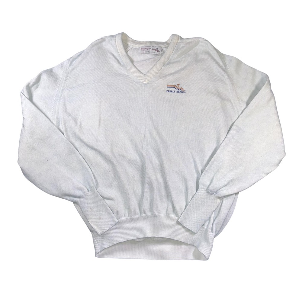 Pebble‎ Beach Golf Links Sweater Mens 2XL White V Neck Pullover Knit Golf Logo